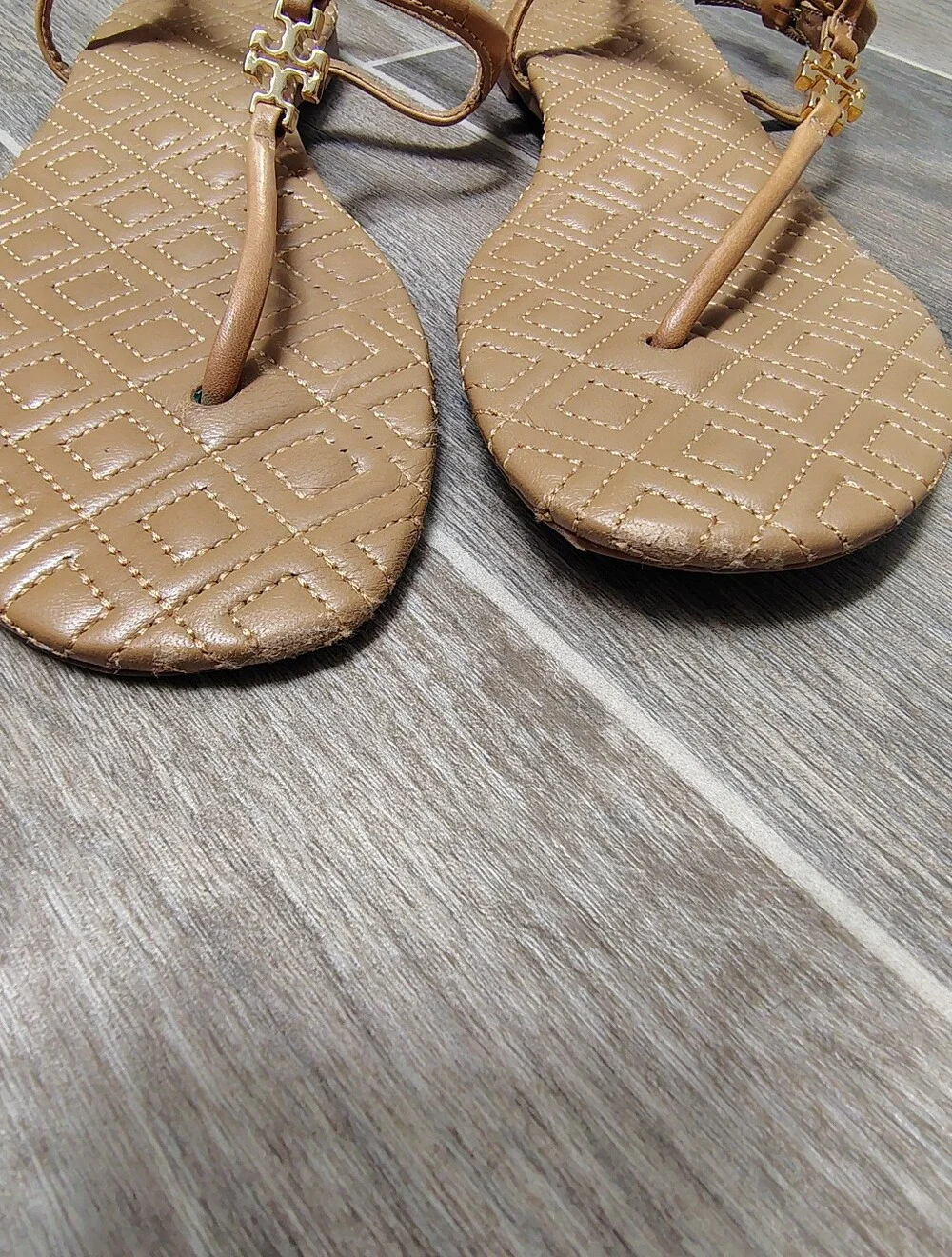 Tory Burch Quilted Tan T-Strap Sandals